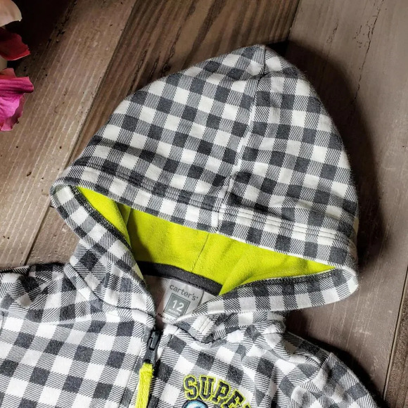 Carter's Gray and White Checkered Hooded Jacket Full Zip Baby Boy Size 12m EUC - Picture 7 of 9